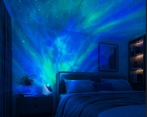 Bedroom with starry night light projector on the wall
